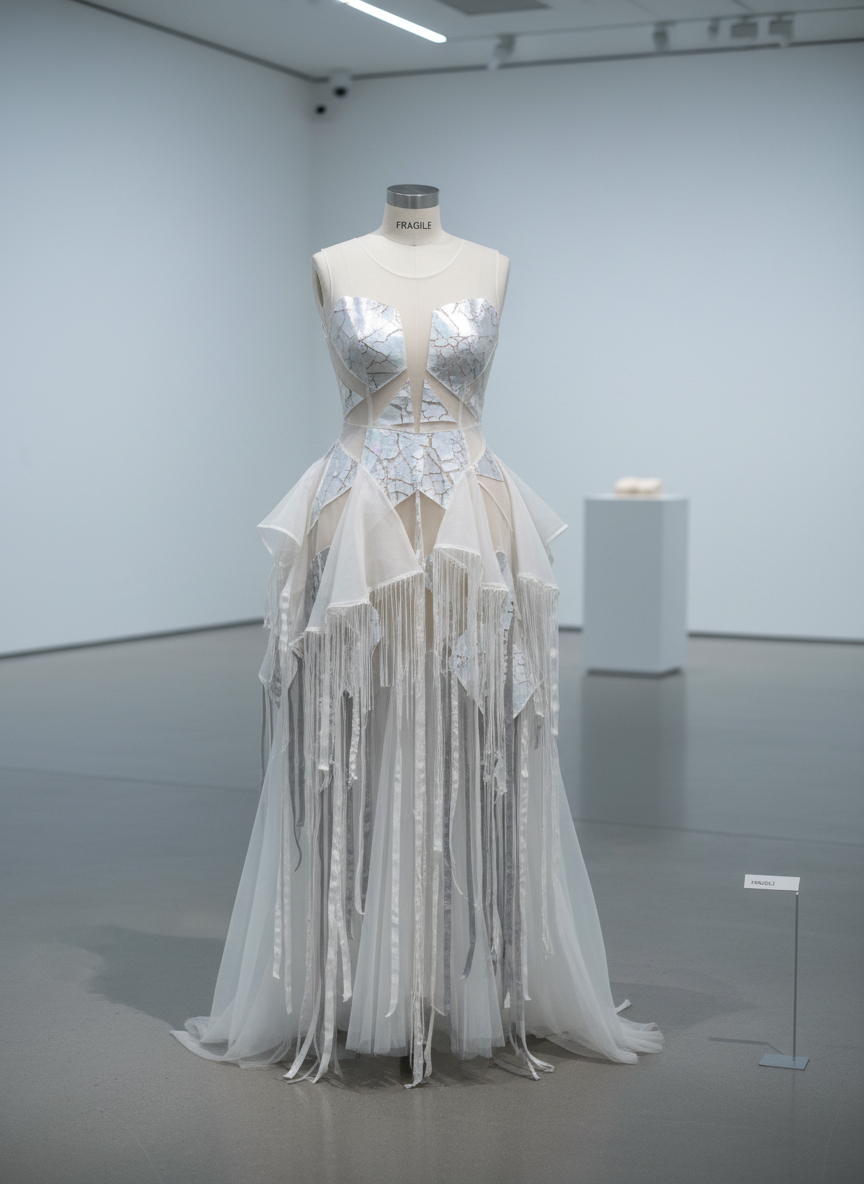 A one-of-a-kind couture dress titled “FRAGILE,” meticulously arranged on a minimalist mannequin with no visible head or limbs, emphasizing the garment as pure object. The dress is constructed from sheer organza, cracked pearl vinyl, and delicately frayed silk ribbons, in a restrained palette of porcelain white and muted ash gray. It stands in an all-white gallery space with polished concrete floors and a distant, softly blurred plinth. Cool, diffused studio lighting wraps the garment, revealing intricate seams and translucent layers, casting faint, refined shadows. Shot at eye level with a centered composition and shallow depth of field, the mood is sophisticated, quiet, and contemplative, in crisp photographic realism that foregrounds the fashion as artwork.